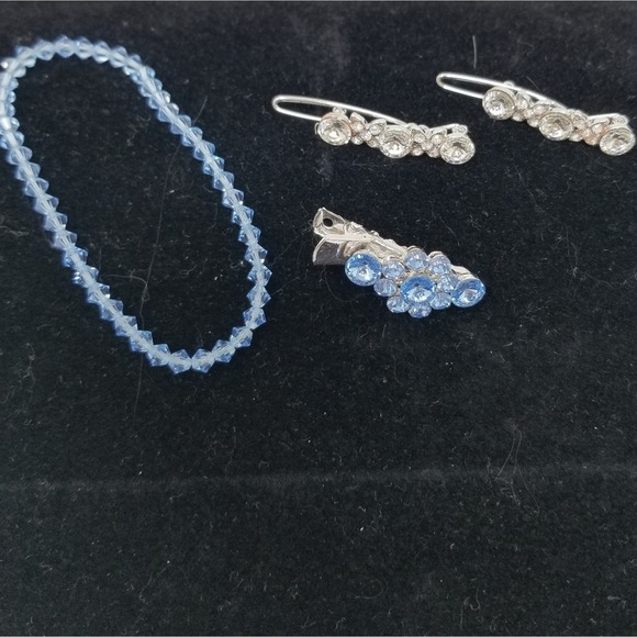 Set/3 Hair Baretts & Bracelet Blue Clear Stone - Picture 2 of 6